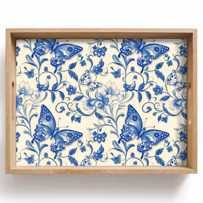 Plateau - Papillons - Fleurs - Bleu - Botanique