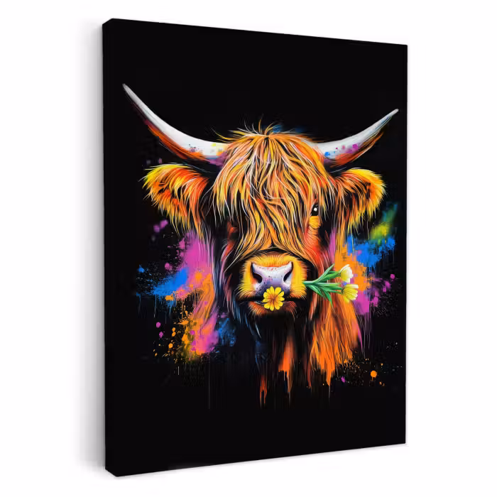 Tableau sur toile - Highlander écossais - Graffiti - Coloré - Fleur - Animaux
